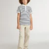 Polo blanco de algodón para niños con rayas azul marino y bordado
