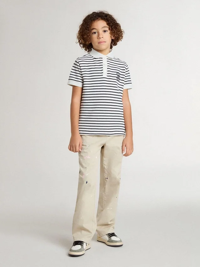 Polo blanco de algodón para niños con rayas azul marino y bordado