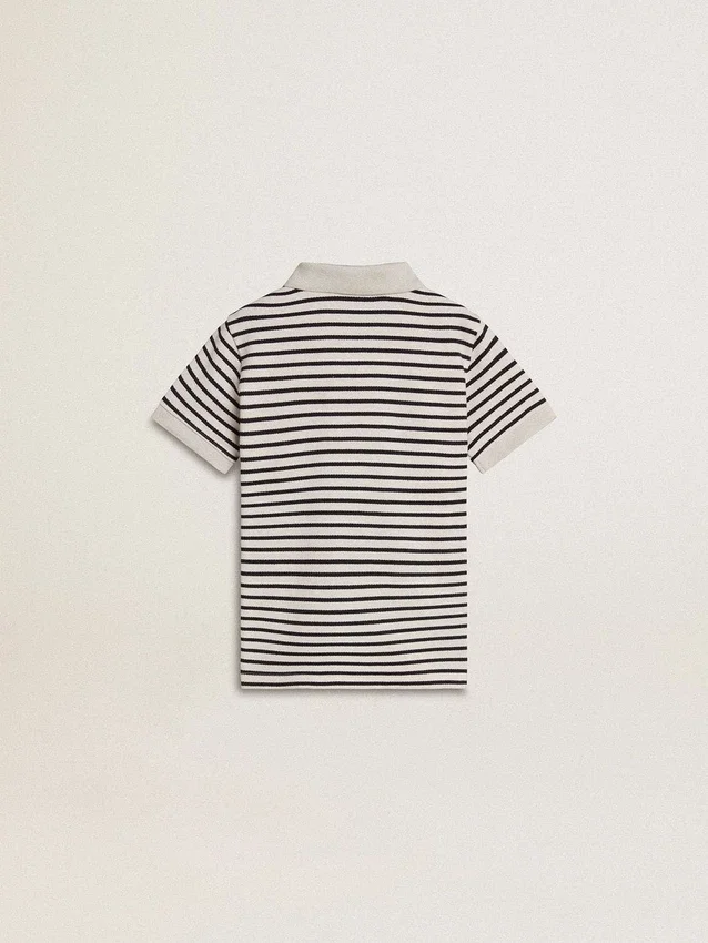 Polo blanco de algodón para niños con rayas azul marino y bordado