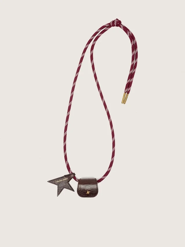 Portagafas con cordón de senderismo de cuero a rayas burdeos y blanco y dos clips florales