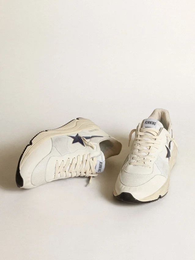 Running Sole de piel blanca y malla con estrella de piel laminada azul
