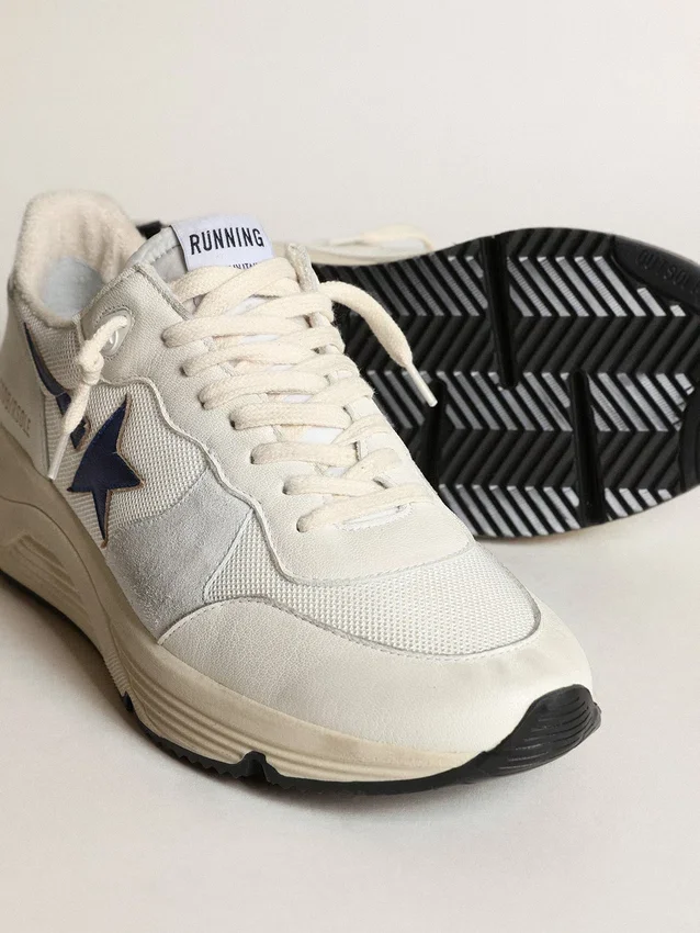 Running Sole de piel blanca y malla con estrella de piel laminada azul
