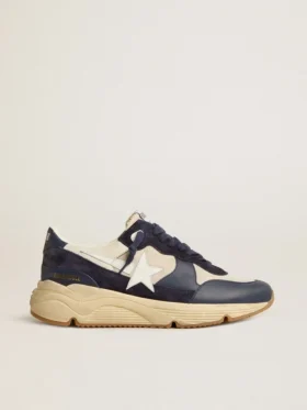Running Sole en malla color crema y piel azul con una estrella de piel blanca