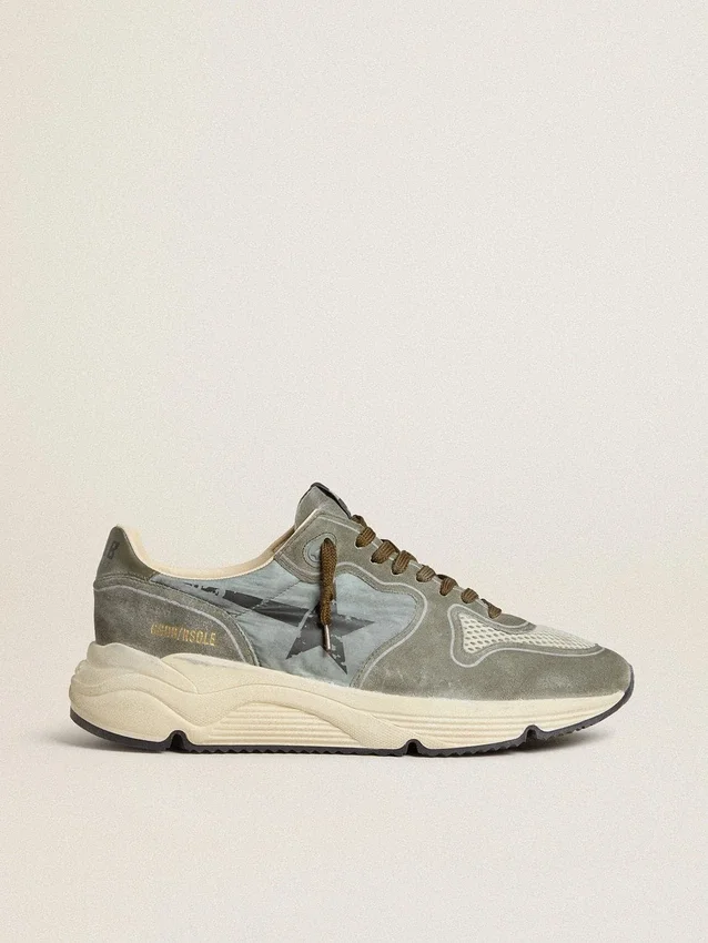 Running Sole para hombre con parte superior de nailon azul claro, estrella negra y lengüeta del talón de piel verde