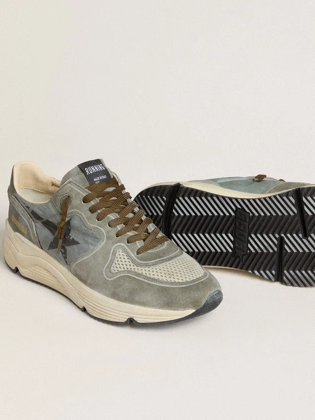 Running Sole para hombre con parte superior de nailon azul claro, estrella negra y lengüeta del talón de piel verde