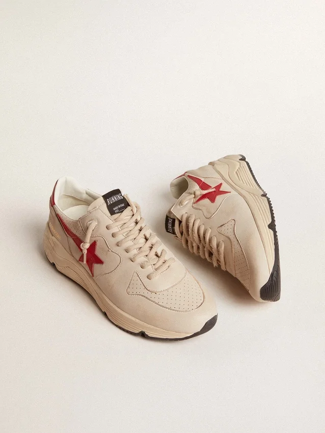Running Sole para hombre en piel napa gris «morn» con estrella y lengüeta del talón de piel napa roja