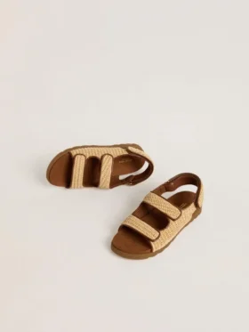 Sandalias Noa Junior en rafia beige y piel marrón
