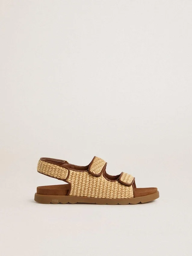 Sandalias Noa Young en rafia beige y piel marrón