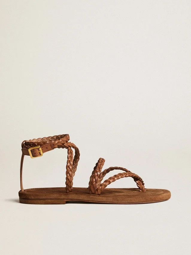 Sandalias planas Penelope para mujer en piel color tabaco con suela de ante
