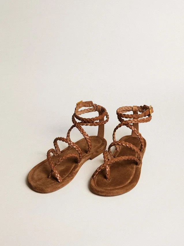 Sandalias planas Penelope para mujer en piel color tabaco con suela de ante