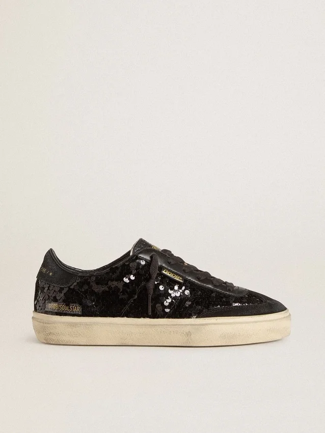 Soul Star para mujer en lentejuelas negras con lengüeta del talón de ante negro