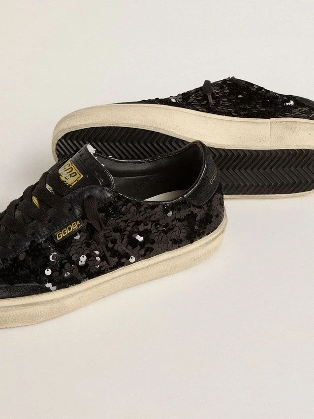 Soul Star para mujer en lentejuelas negras con lengüeta del talón de ante negro
