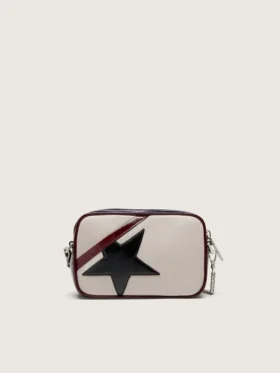 Star Bag Mini en piel blanco mantequilla con estrella negra y detalles en burdeos y azul oscuro