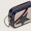 Star Bag Mini en piel blanco mantequilla con estrella negra y detalles en burdeos y azul oscuro