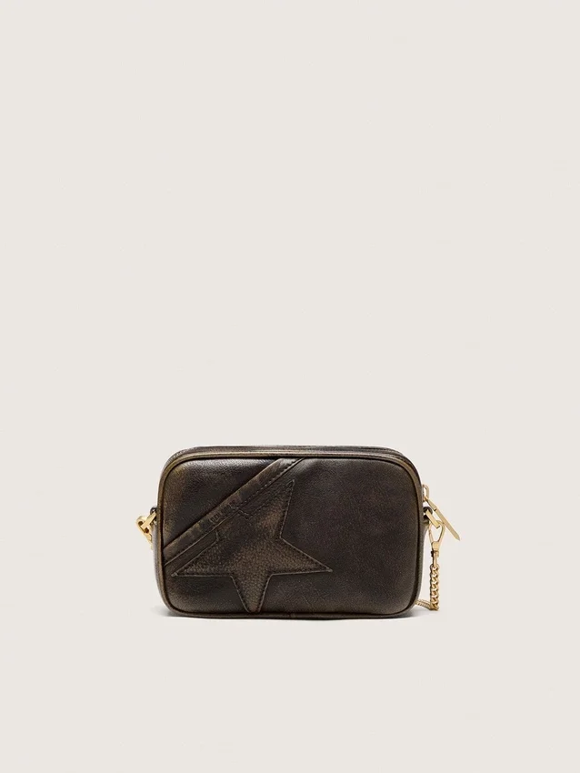 Star Bag «Mini» en piel marrón oscuro envejecida con estrella tono sobre tono