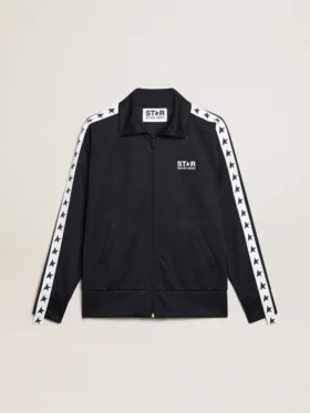 Sudadera azul oscuro con raya blanca y estrellas azules en contraste