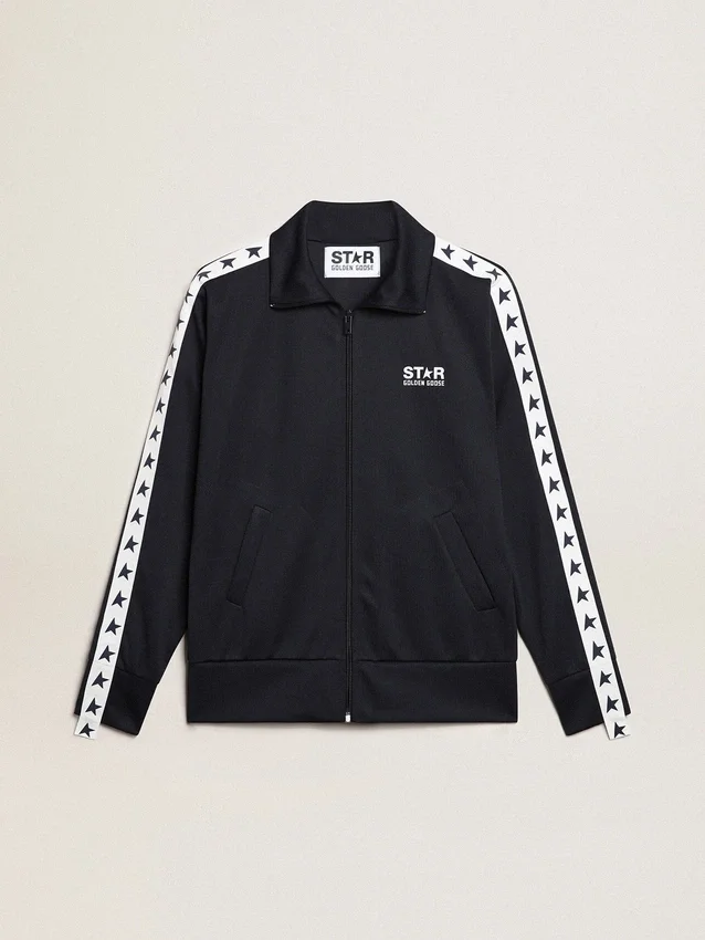 Sudadera azul oscuro con raya blanca y estrellas azules en contraste