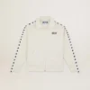 Sudadera blanca con cremallera para mujer, con raya blanca y estrellas negras