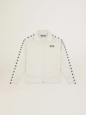 Sudadera blanca con cremallera para mujer, con raya blanca y estrellas negras