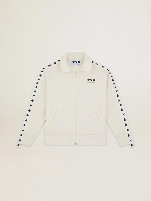 Sudadera blanca con cremallera para mujer, con raya blanca y estrellas negras