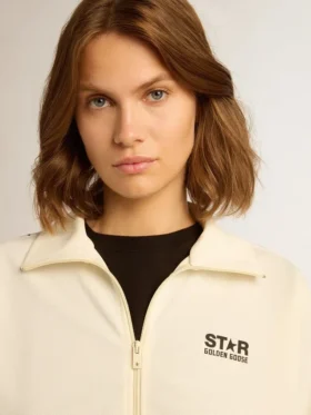 Sudadera blanca con cremallera para mujer, con raya blanca y estrellas negras