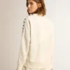 Sudadera blanca con cremallera para mujer, con raya blanca y estrellas negras