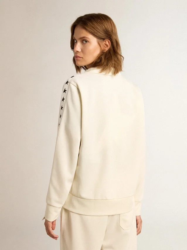 Sudadera blanca con cremallera para mujer, con raya blanca y estrellas negras