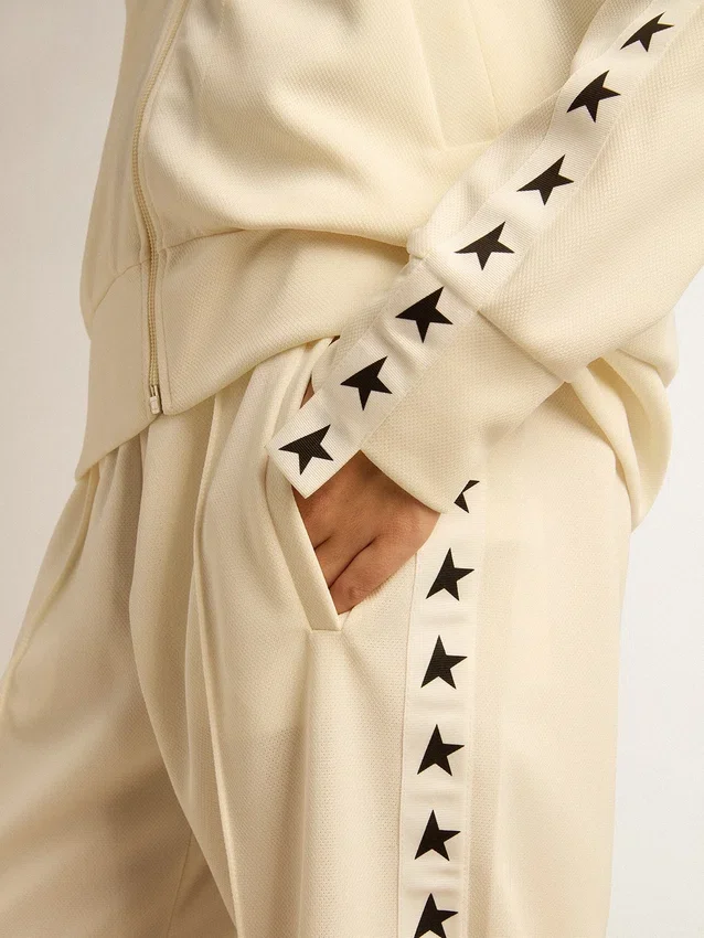 Sudadera blanca con cremallera para mujer, con raya blanca y estrellas negras