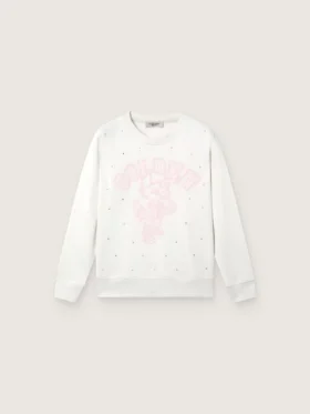 Sudadera blanca de algodón con cuello redondo de Journey para niñas, con estampado de mascota y apliques de cristales