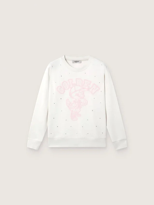 Sudadera blanca de algodón con cuello redondo de Journey para niñas, con estampado de mascota y apliques de cristales