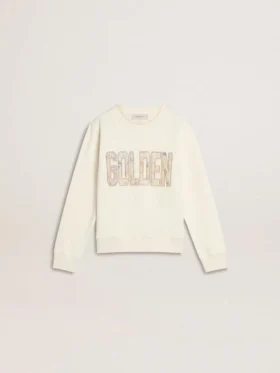 Sudadera blanca para niñas con letras doradas multicolores en la parte delantera