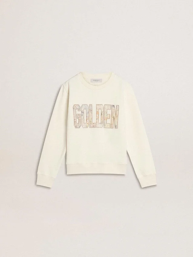 Sudadera blanca para niñas con letras doradas multicolores en la parte delantera