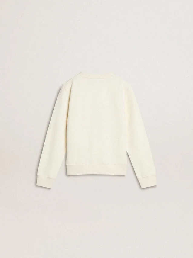 Sudadera blanca para niñas con letras doradas multicolores en la parte delantera