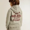 Sudadera con capucha gris jaspeada con estampado en la espalda