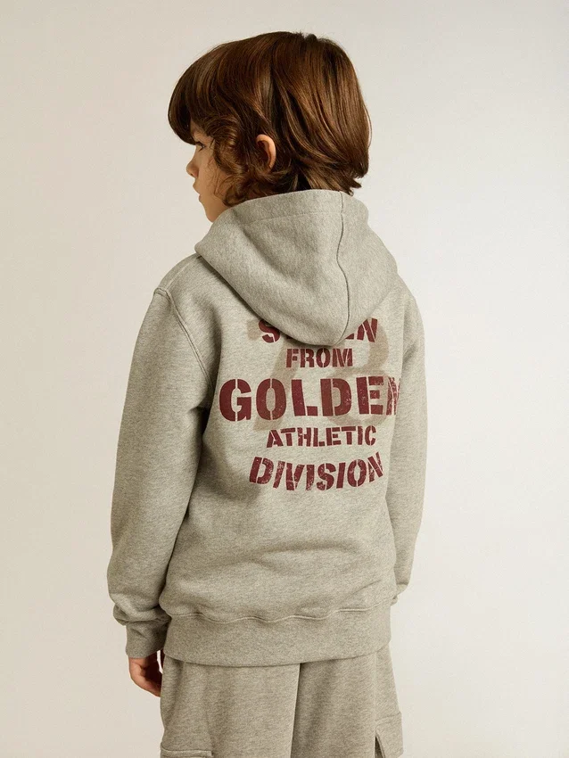 Sudadera con capucha gris jaspeada con estampado en la espalda