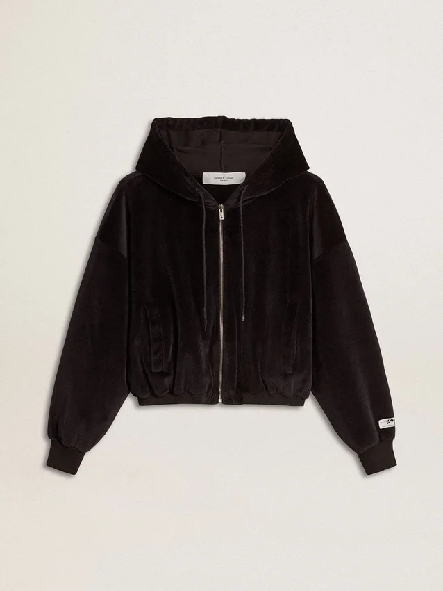 Sudadera con capucha y cremallera para mujer, de mezcla de algodón, en color negro