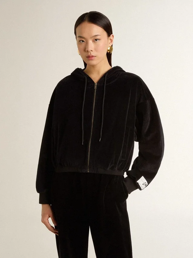 Sudadera con capucha y cremallera para mujer, de mezcla de algodón, en color negro