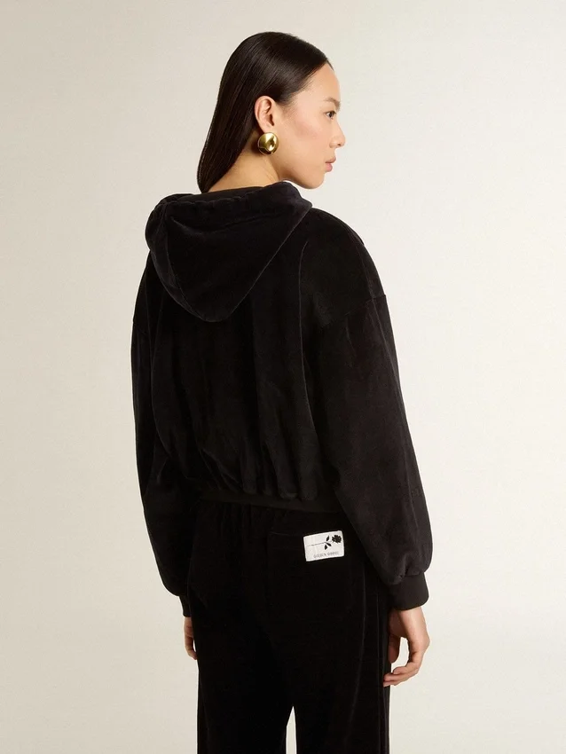 Sudadera con capucha y cremallera para mujer, de mezcla de algodón, en color negro