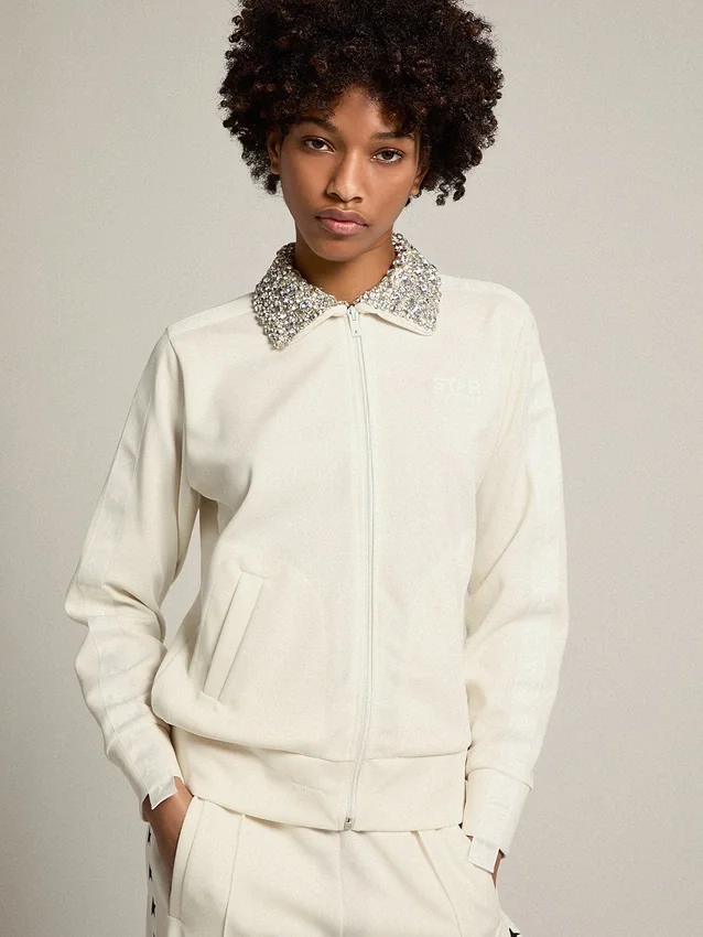 Sudadera con cremallera de la Star Collection en blanco papiro, con cuello de cristales