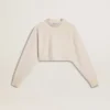 Sudadera corta de algodón color crema para mujer con cristales en la parte delantera