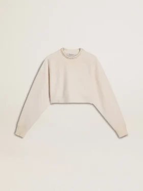 Sudadera corta de algodón color crema para mujer con cristales en la parte delantera