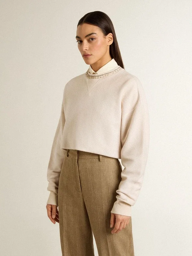 Sudadera corta de algodón color crema para mujer con cristales en la parte delantera