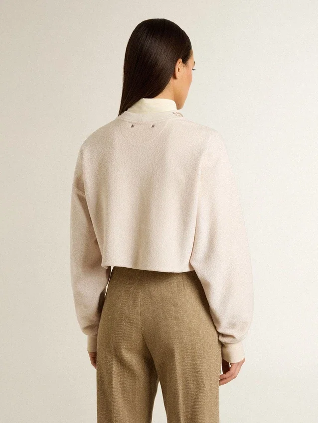 Sudadera corta de algodón color crema para mujer con cristales en la parte delantera