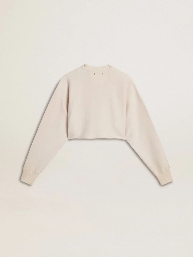 Sudadera corta de algodón color crema para mujer con cristales en la parte delantera