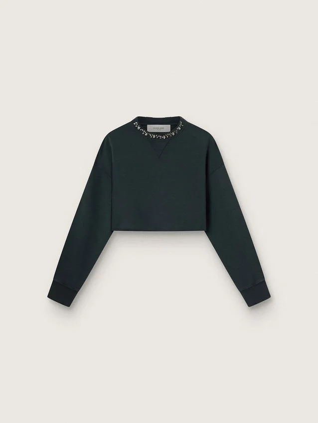 Sudadera corta de algodón para mujer con cristales en la parte delantera