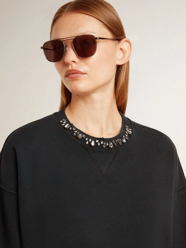 Sudadera corta de algodón para mujer con cristales en la parte delantera