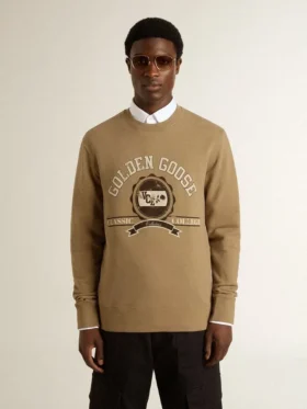 Sudadera de algodón beige para hombre con estampado en la parte delantera