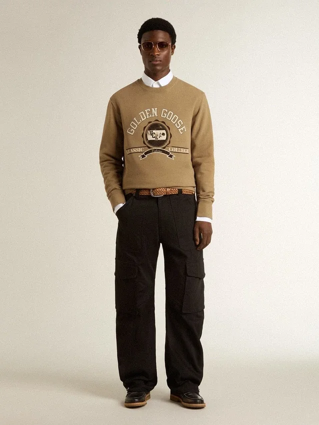 Sudadera de algodón beige para hombre con estampado en la parte delantera
