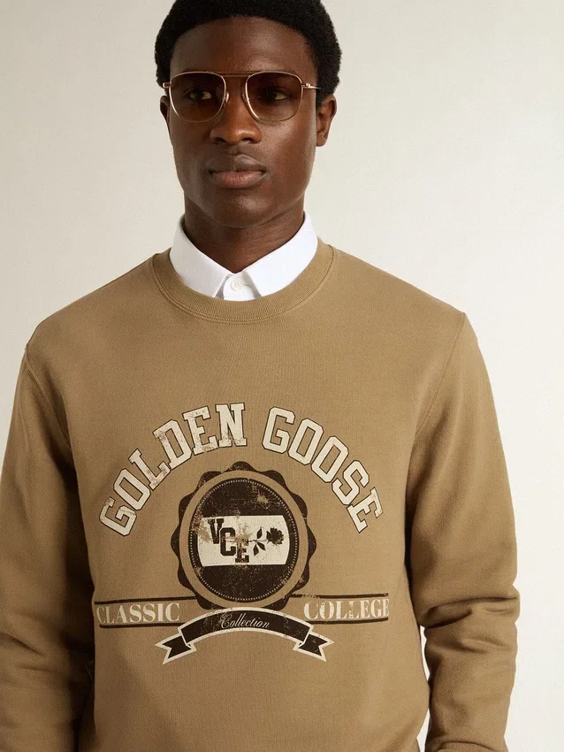 Sudadera de algodón beige para hombre con estampado en la parte delantera