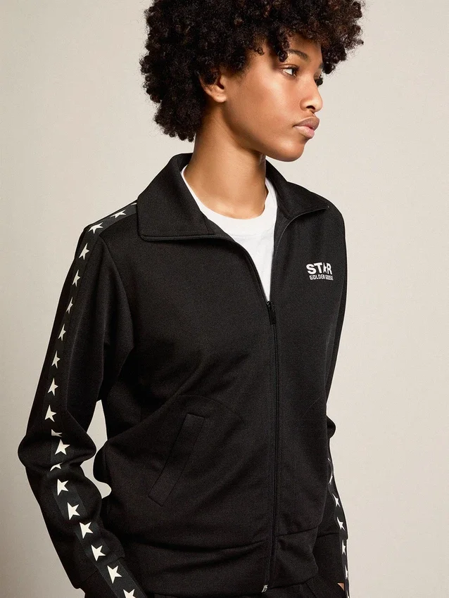 Sudadera negra con cremallera para mujer y estrellas blancas